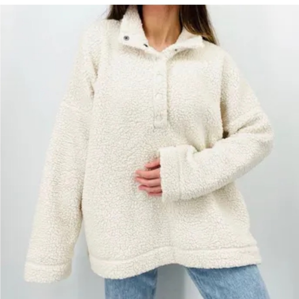 Aerie Women’s Cloud Sherpa Fleece Quarter Snap Cream Cozy Oversized Size X Small